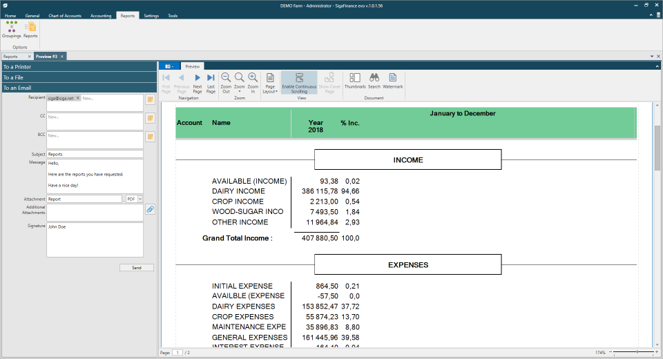screenshot of SigaFinance evo